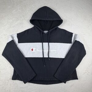 Champion Reverse Weave Hoodie Women's M Cropped Colorblock Script Logo BlackGray